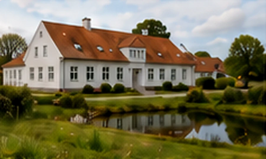 Kvorning med hvid bygning, rødt tag og grønne omgivelser