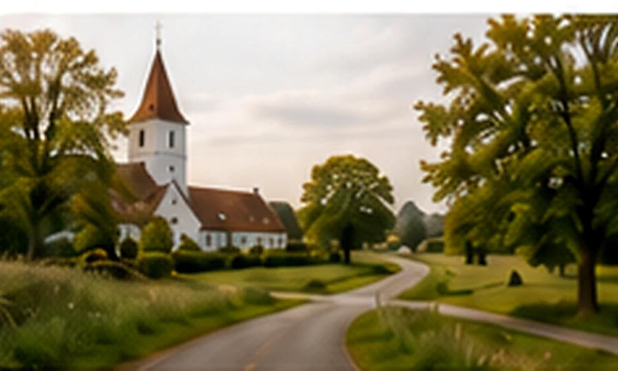 Vorning med kirke og landsbyvej