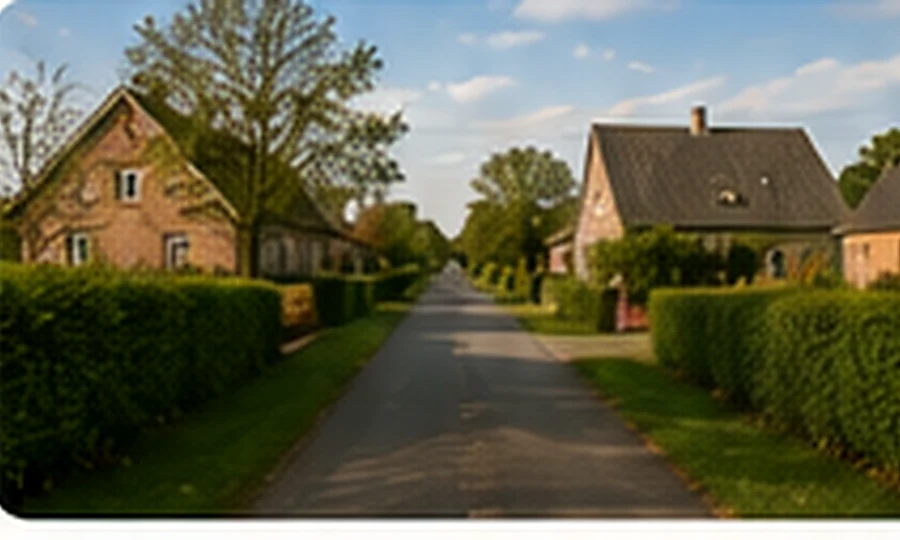 Landsbygade med huse og grønne omgivelser i Hvidding